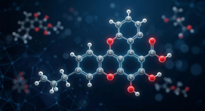 Modèle 3D de la structure moléculaire du THCA acide tétrahydrocannabinolique avec atomes sphères sur fond bleu sombre évoquant un réseau