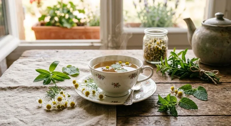 Tasse en porcelaine fleurie sur table en bois avec camomille fraîche, mélisse et verveine illustrant la tradition française de la tisane au chanvre