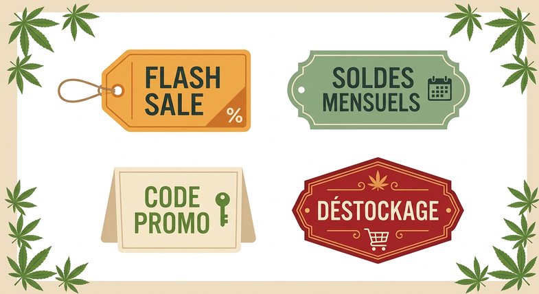 types-promotions-cbd-flash-mensuelle Quatre types de promotions CBD chez Justbob : Flash Sale ambré, Soldes Mensuels vert, Code Promo beige et Déstockage rouge
