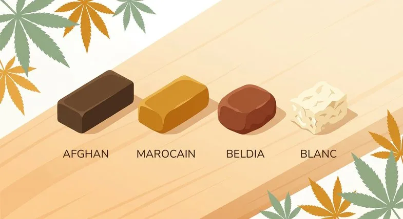 Quatre variétés de résines CBD comparées : afghan brun, marocain doré, beldia rougeâtre et hash blanc cristallin