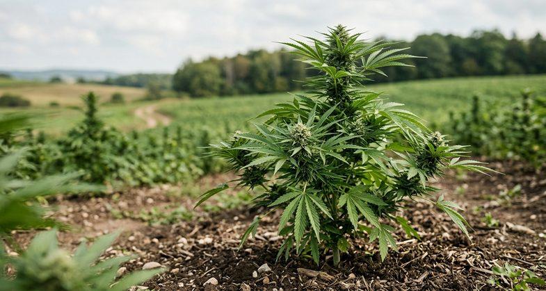 Plant de cannabis sativa L. en culture extérieure illustrant la génétique héritage de la White Widow développée aux Pays-Bas dans les années 1990