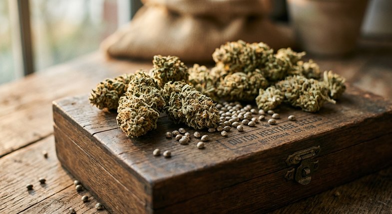 Nature morte de fleurs et graines de chanvre industriel séchées disposées sur un coffret en bois vintage, ambiance d'héritage génétique néerlandais classique