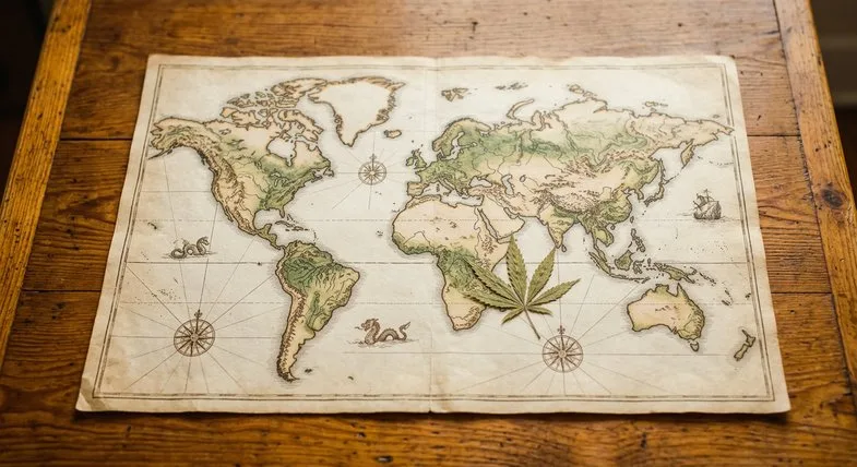 Vue aérienne d'une carte du monde en papier vintage posée sur une table en bois avec une feuille de chanvre séchée, style éditorial documentaire, lumière ambiante