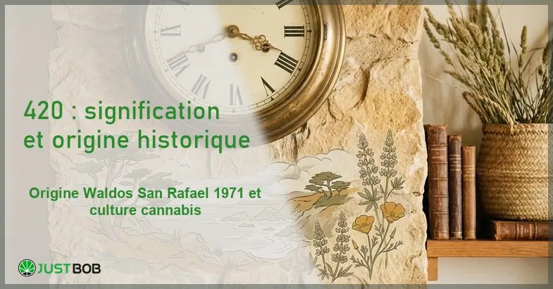 420-signification-origine-historique-culture-cannabis Composition éditoriale d'une horloge ancienne et d'une illustration vintage californienne en lumière naturelle douce ambre-vert