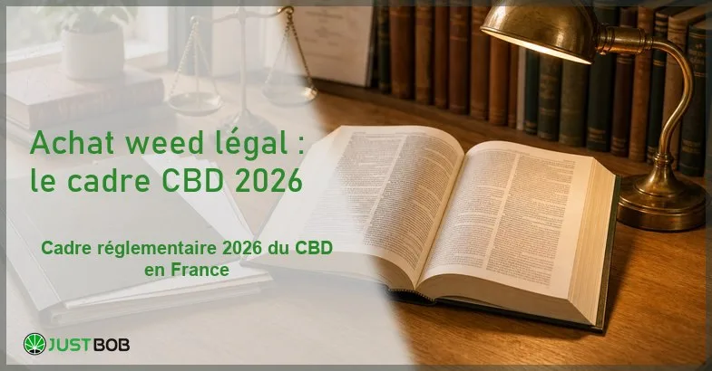 achat-weed-legal-france-cadre-reglementaire-2026-cbd Vue éditoriale d'un bureau juridique avec ouvrage ouvert, documents administratifs et lampe en laiton sous lumière chaude