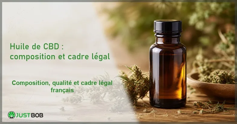 huile-cbd-utilisation-composition-cadre-legal-laboratoire Composition éditoriale d'un flacon en verre ambré d'huile de CBD fermé à côté de brins de chanvre séché et d'une coupelle en bois sur bois clair