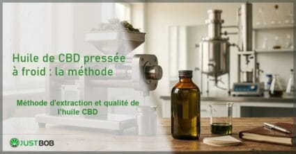 Banner éditorial illustrant l'article sur l'huile de CBD pressée à froid avec presse mécanique et flacon ambré sur paillasse de laboratoire