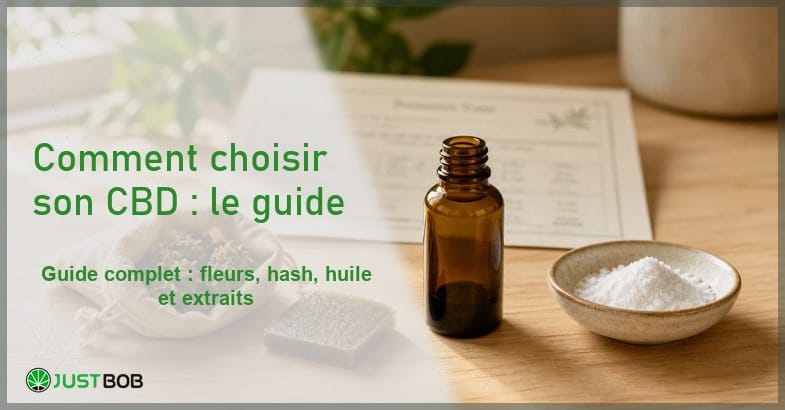 quel-cbd-choisir-quatre-formats-cadre-legal Composition éditoriale de quatre formats CBD du chanvre industriel européen alignés sur paillasse en bois