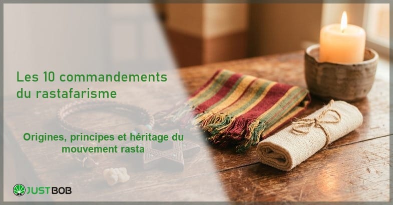 rastafarisme-10-commandements-banner Still life éditorial avec étoile de David en bois, tissu aux couleurs rouge or vert et bougie évoquant la culture rastafari