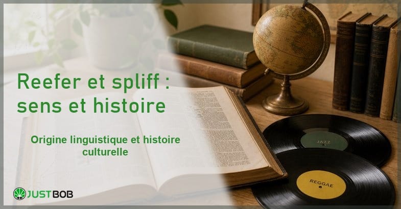 reefer-spliff-signification-culturelle Composition éditoriale historique avec dictionnaires linguistiques vinyles vintage jazz reggae sur paillasse de bois clair