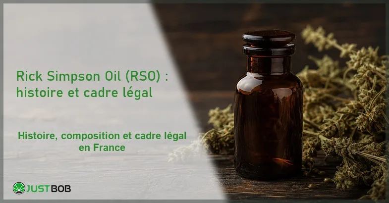 rick-simpson-oil-rso-cadre-legal-substance-controlee Composition éditoriale d'un flacon d'apothicaire en verre ambré foncé sans étiquette à côté de brins de chanvre séché sur une surface en bois sombre