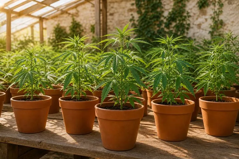 Serre italienne traditionnelle avec jeunes plants de chanvre Cannabis sativa L. en pots de terre cuite sur tables en bois et registre de catalogue de semences ouvert au premier plan