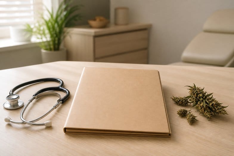 Document officiel de la HAS et de l'ANSM sur paillasse de cabinet médical avec stéthoscope et fleurs de chanvre séchées en lumière naturelle