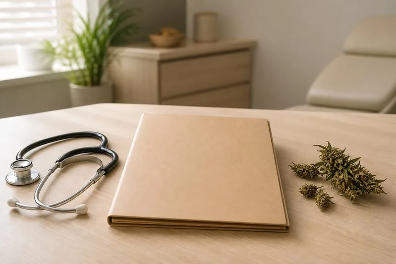 cbd-grossesse-cadre-sanitaire-ansm-has Document officiel de la HAS et de l'ANSM sur paillasse de cabinet médical avec stéthoscope et fleurs de chanvre séchées en lumière naturelle