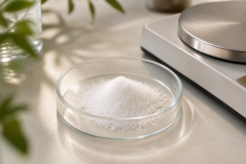 cristaux-cbd-isolat-99-poudre-cristalline Poudre cristalline blanche d'isolat de CBD dans une coupelle de laboratoire avec balance de précision sur paillasse