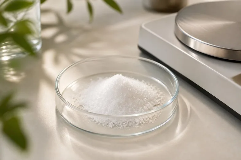 cristaux-cbd-isolat-99-poudre-cristalline Poudre cristalline blanche d'isolat de CBD dans une coupelle de laboratoire avec balance de précision sur paillasse