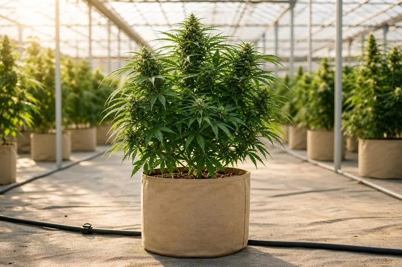 fleurs-de-chanvre-cbd-bio-cannabis-sativa Plante de chanvre Cannabis sativa L. en pot fabric dans serre commerciale européenne sous lumière naturelle, irrigation goutte-à-goutte visible, rangées de plants identiques en arrière-plan