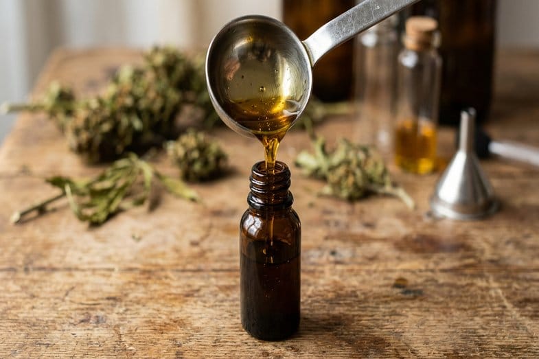 Macro d'huile de CBD dorée pressée à froid versée d'une louche en inox vers un flacon ambré compte-gouttes, inflorescences de chanvre en arrière-plan