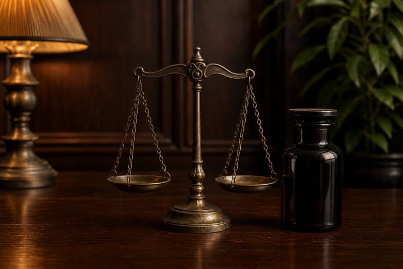 rick-simpson-oil-rso-cannabis-thc-eleve-cadre-stupefiant Balance de la justice en bronze à côté d'un flacon d'apothicaire ambré foncé scellé sans étiquette sur un bureau sombre