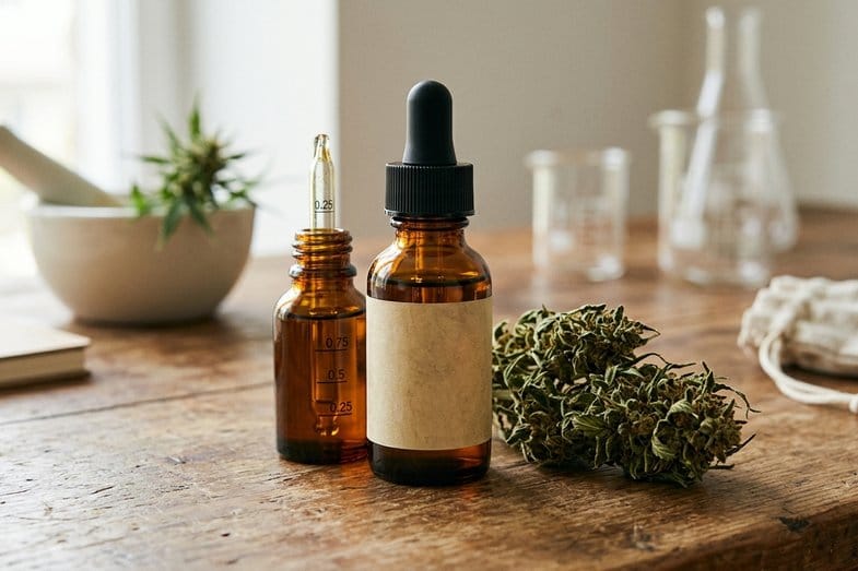 Flacon en verre ambré d'huile de CBD pressée à froid avec pipette graduée et fleurs de chanvre séchées sur paillasse en lumière naturelle