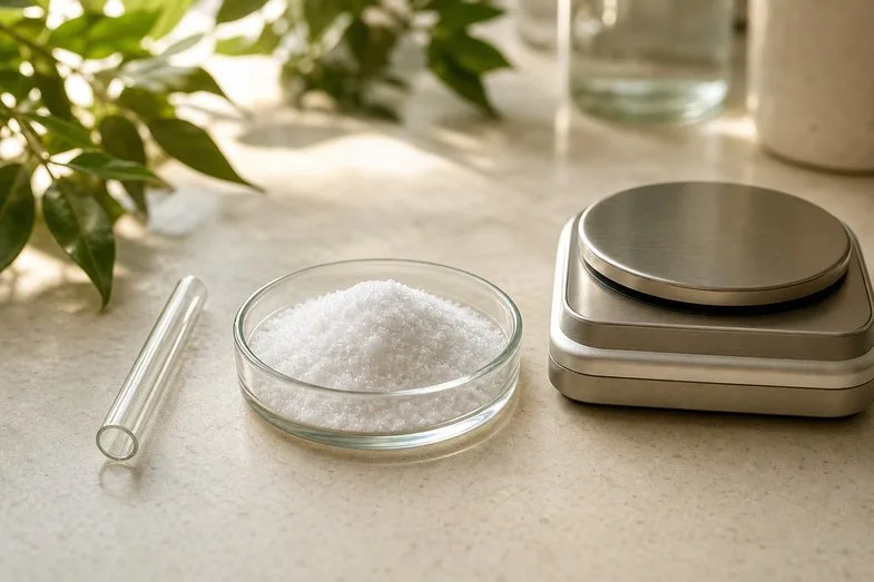 cristaux-cbd-certificat-analyse-laboratoire-iso Coupelle d'isolat de CBD avec certificat d'analyse imprimé et balance analytique de précision sur paillasse de laboratoire en lumière naturelle
