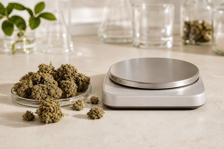 Inflorescences de chanvre CBD avec certificat d'analyse imprimé et balance de précision sur paillasse de laboratoire en lumière naturelle