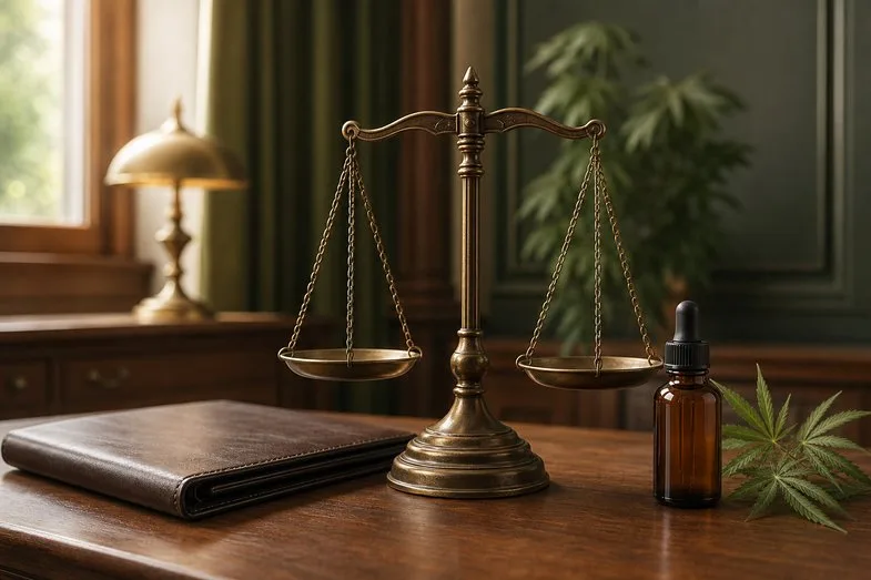 huile-cbd-france-conseil-etat-decision-decembre-2022 Vue éditoriale d'un bureau juridique avec dossier de la décision du Conseil d'État, balance de la justice et certificat d'analyse de laboratoire