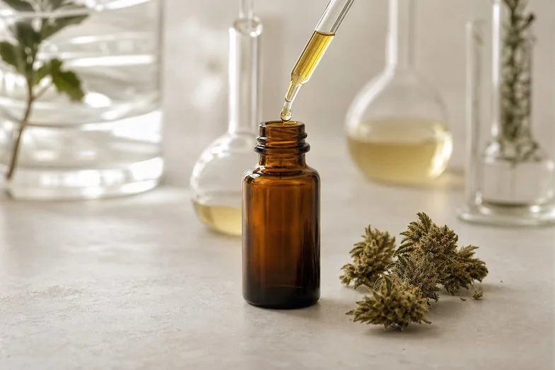 huile-cbd-utilisation-cadre-legal-analyse-laboratoire Pipette graduée prélevant huile de CBD ambrée d'un flacon avec certificat d'analyse ISO 17025 et fleurs de chanvre séchées sur paillasse