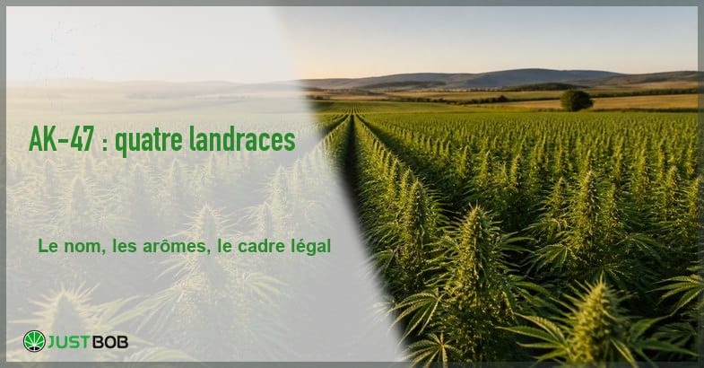 ak-47-genetique-chanvre-cbd-banner Bannière éditoriale de l'article sur l'AK-47 : champ de chanvre en rangées régulières sous une lumière de fin de journée, avec le logo Justbob