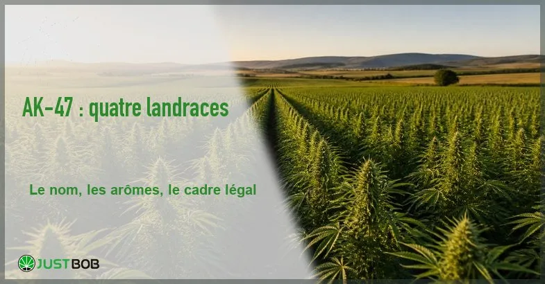 ak-47-genetique-chanvre-cbd-banner Bannière éditoriale de l'article sur l'AK-47 : champ de chanvre en rangées régulières sous une lumière de fin de journée, avec le logo Justbob