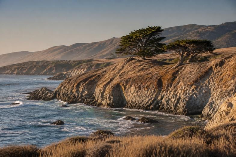 Côte rocheuse de Californie centrale au soleil bas, falaises couvertes d'herbes sèches dorées, cyprès courbés par le vent et océan Pacifique
