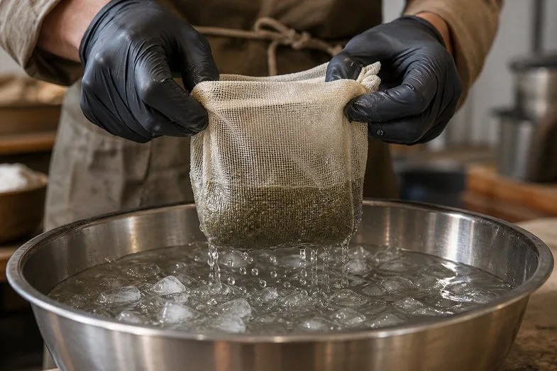 mains-gantees-sac-filtrant-eau-glacee Mains gantées de noir soulevant un sac filtrant en toile maillée qui s'égoutte au-dessus d'une bassine en inox remplie d'eau et de glaçons