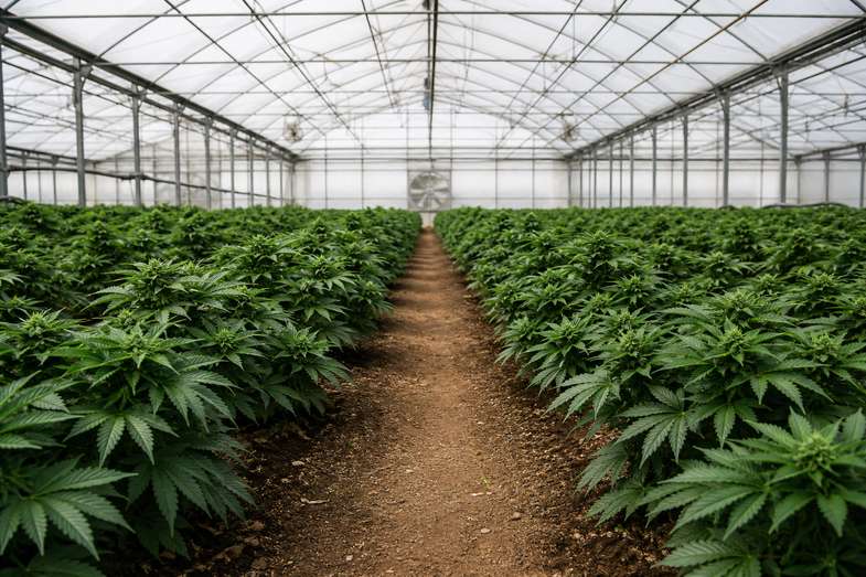 serre-agricole-plants-chanvre-compacts Intérieur d'une serre agricole avec des rangées régulières de plants de chanvre courts et buissonnants aux feuilles larges, allée centrale en terre