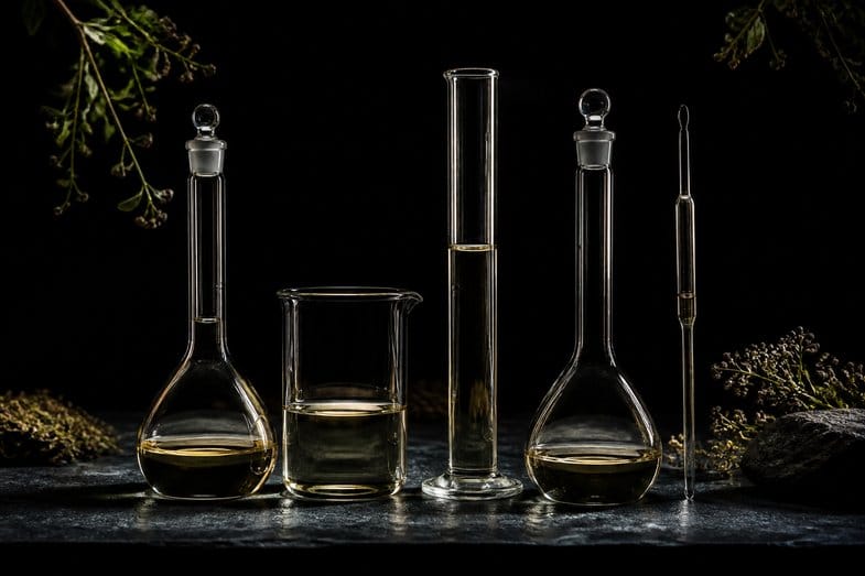 verrerie-laboratoire-nature-morte Nature morte sombre de verrerie de laboratoire : fioles jaugées, bécher, éprouvette graduée et pipette contenant un liquide légèrement ambré