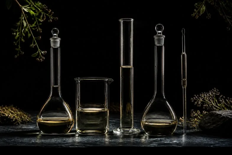 verrerie-laboratoire-nature-morte Nature morte sombre de verrerie de laboratoire : fioles jaugées, bécher, éprouvette graduée et pipette contenant un liquide légèrement ambré