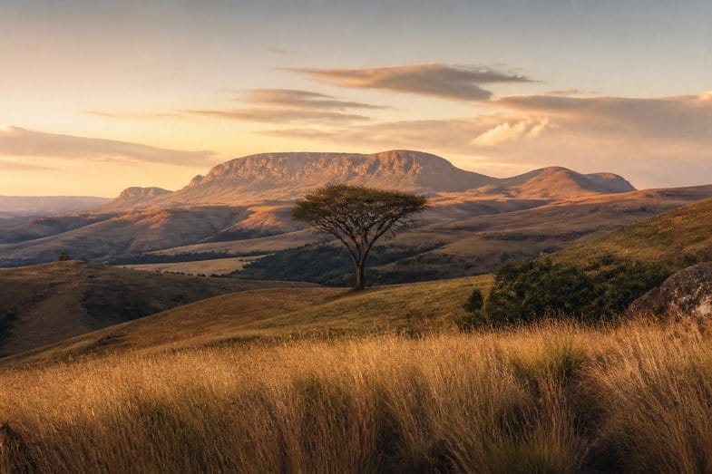 hautes-terres-afrique-australe Hautes terres d'Afrique australe au soleil bas : collines couvertes d'herbes sèches dorées, acacia isolé à cime étalée et escarpement rocheux