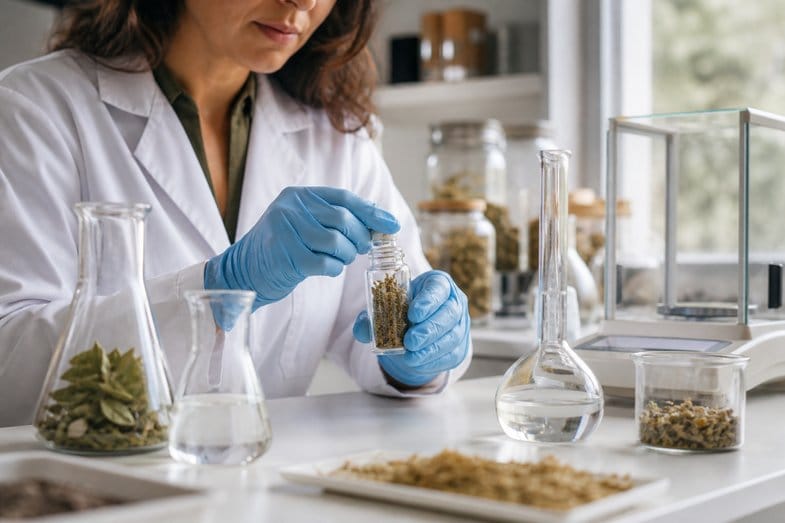 laboratoire-analyse-vegetale-echantillon Technicienne en blouse blanche et gants bleus tenant un flacon en verre rempli de matière végétale séchée, entourée de verrerie de laboratoire