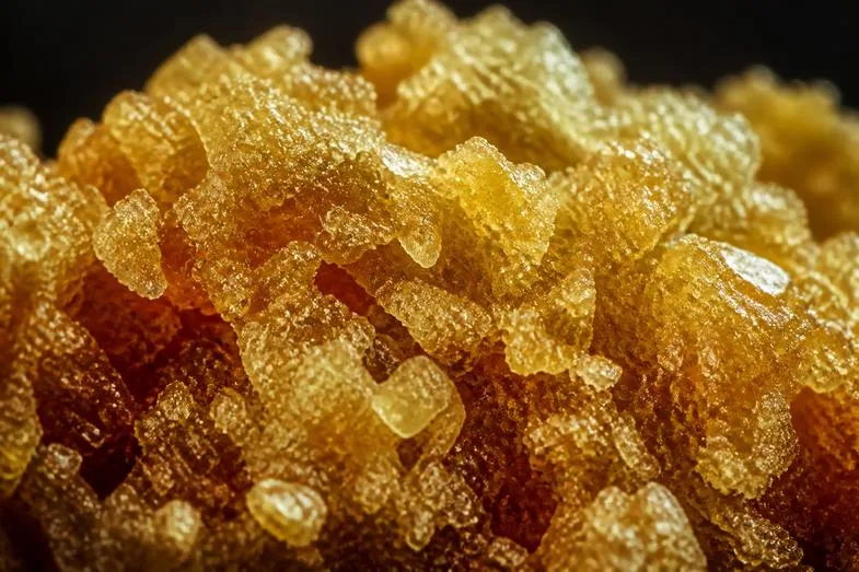 resine-ambree-texture-granuleuse-macro Macrophotographie d'une matière ambrée à la texture granuleuse, faite de grains cristallins irréguliers agglomérés, sur fond sombre