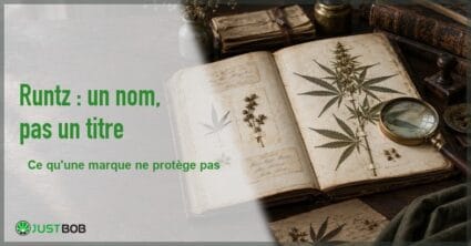Herbier ancien ouvert sur une table en bois, montrant une planche de chanvre séchée, une loupe en laiton et des étiquettes manuscrites