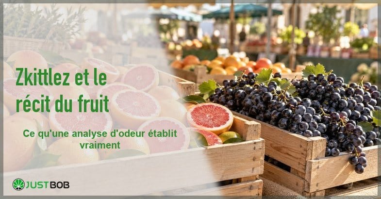 etal-marche-pamplemousses-raisin-banner Étal de marché en plein air avec des cageots de pamplemousses roses coupés en deux et une caisse de raisin noir en grappes