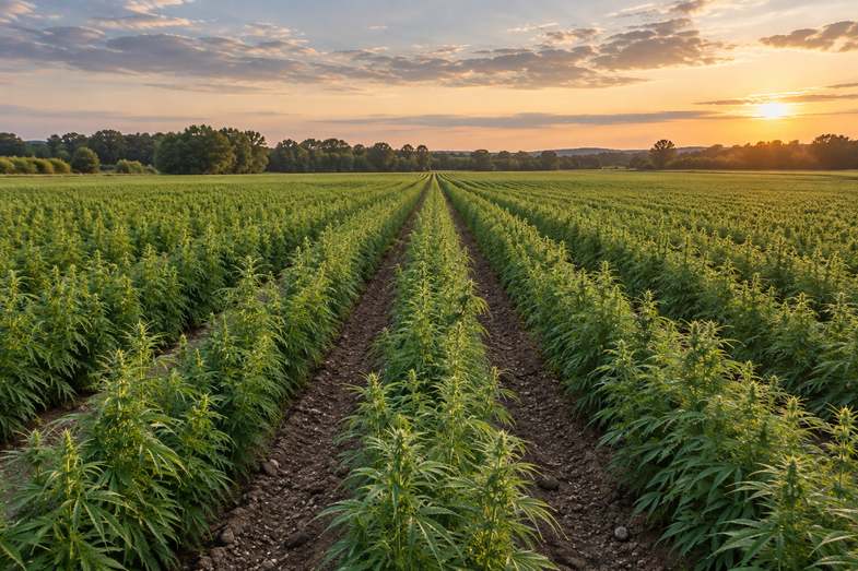 Champ de chanvre en rangées au coucher du soleil Parcelle de chanvre en plein champ au coucher du soleil, avec de longues rangées régulières de plants verts s'étendant vers une ligne d'arbres
