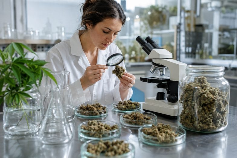 laboratoire-analyse-sommites-chanvre Chercheuse en blouse blanche examinant une sommité de chanvre séchée à la loupe, devant un microscope optique et des boîtes de Petri