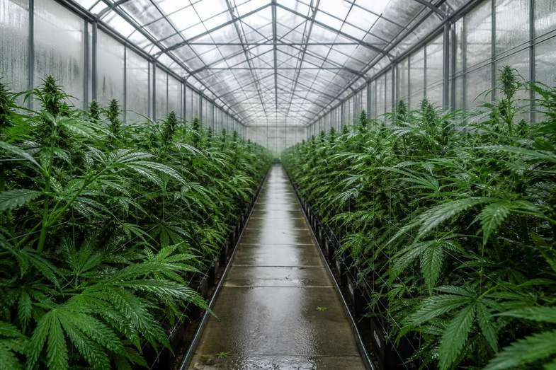 Allée centrale d'une serre de chanvre, longues rangées de plants verts sous une verrière couverte de condensation