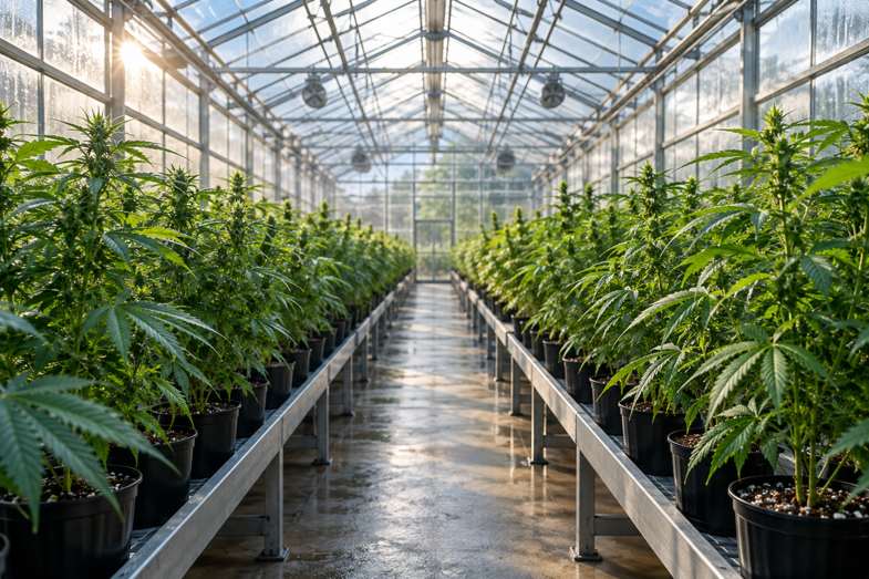 Intérieur d'une serre vitrée traversée par la lumière du matin, avec de longues rangées de plants verts en pots sur des tables métalliques