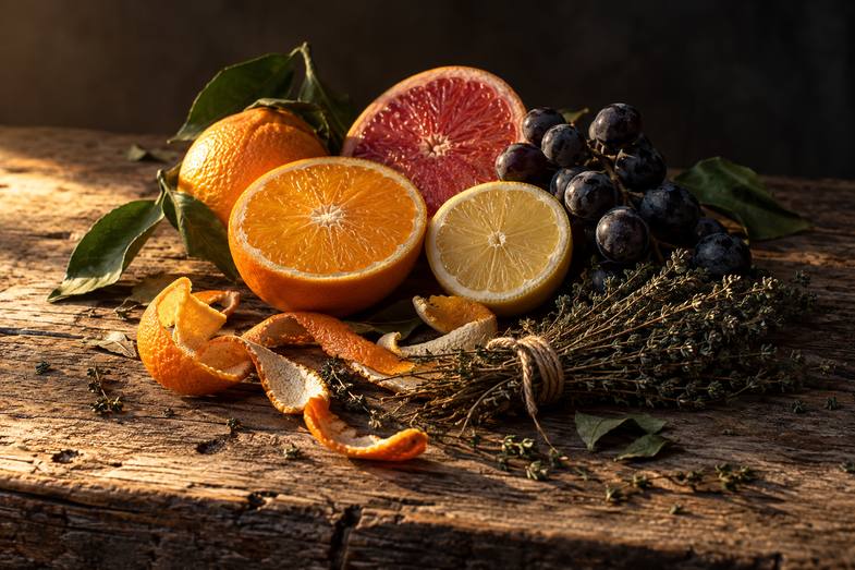 Composition d'automne avec agrumes coupés et rameaux séchés Nature morte sur bois brut réunissant des agrumes coupés, une grappe de raisin noir et un bouquet d'herbes séchées lié par une ficelle
