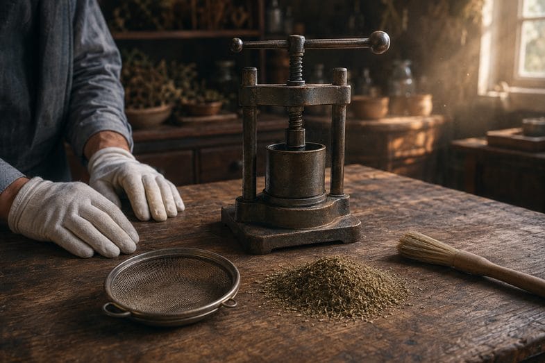 Mains gantées de blanc sur l'établi d'un atelier, devant une presse manuelle ancienne, un tamis à mailles fines et de la matière végétale tamisée