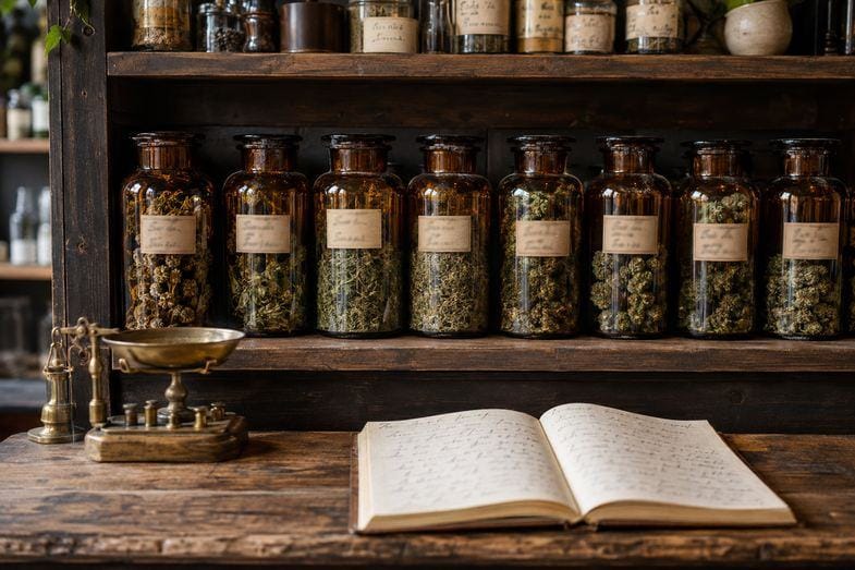 bocaux-apothicaire-etiquettes-manuscrites Étagère d'apothicaire en bois sombre garnie de bocaux en verre ambré remplis de chanvre séché, avec une balance en laiton et un carnet ouvert