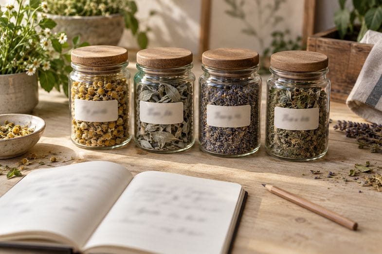 Quatre bocaux de verre fermés et étiquetés à la main, posés en ligne sur un plan de travail en bois clair, à côté d'un carnet ouvert et d'un crayon