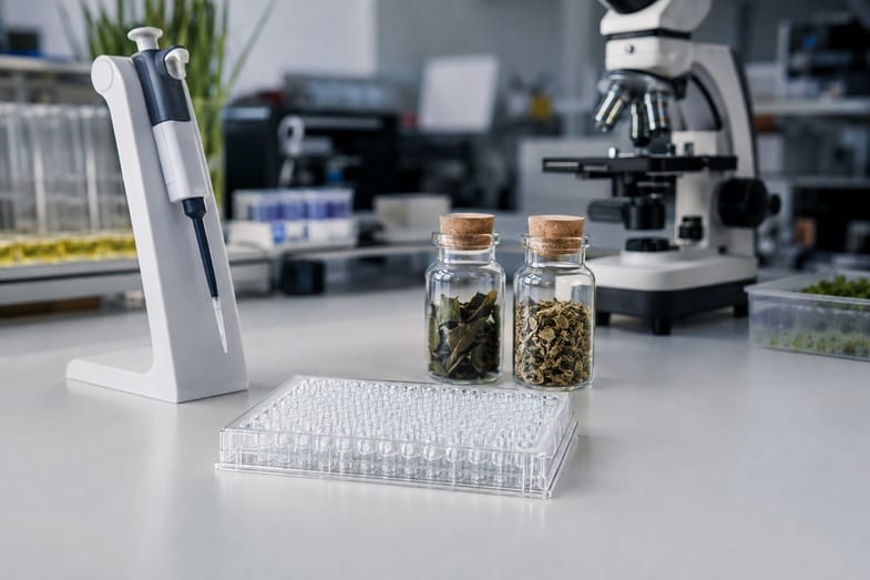 Paillasse de laboratoire avec une micropipette sur son support, deux flacons de feuilles séchées, une plaque de micro-puits et un microscope