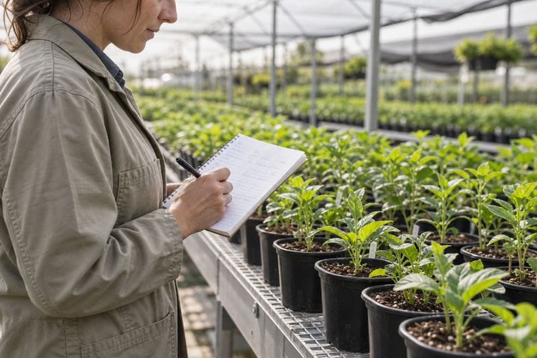 Technicienne notant ses observations dans une pépinière Technicienne en veste de travail notant des observations sur un carnet, devant des rangées de jeunes plants en pots noirs dans une pépinière
